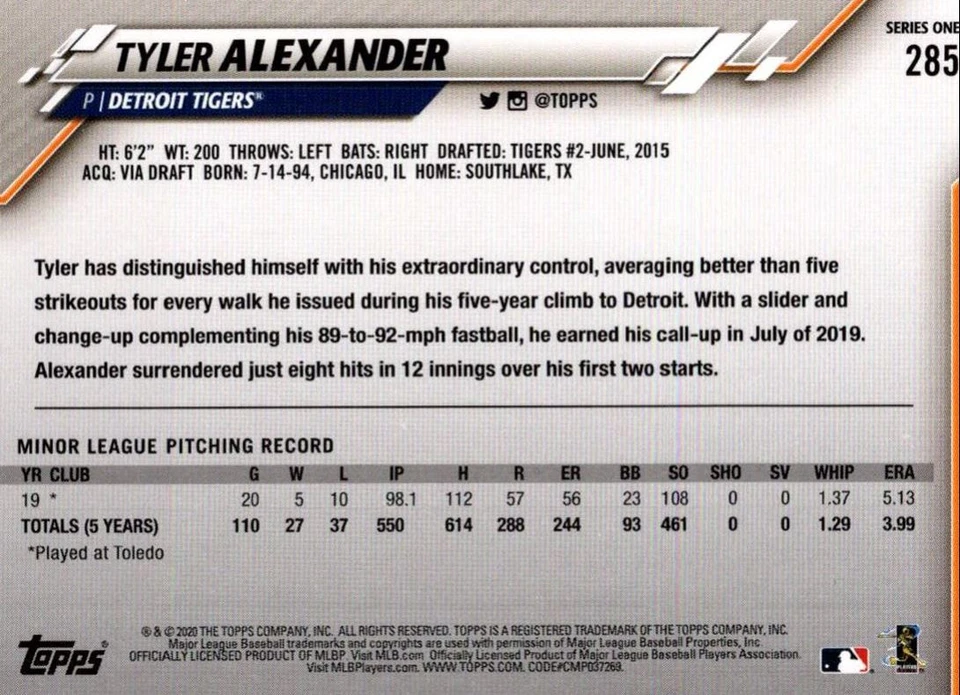 2020 Topps Tyler Alexander Rookie Detroit Tigers #285 - Image 2 of 2