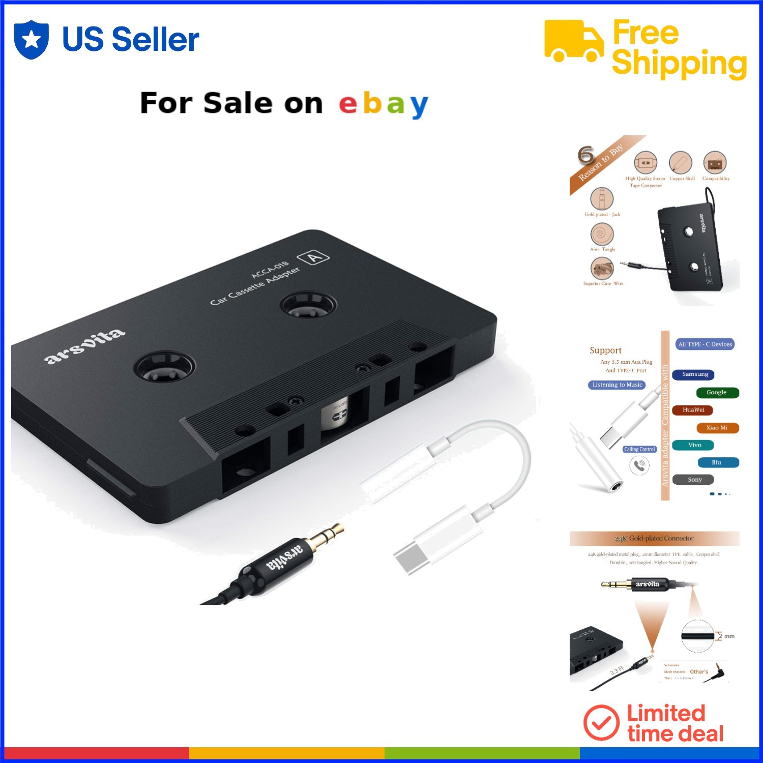 Car Cassette Adapter and Type C to 3.5mm Aux Jack for Music Streaming Compati...