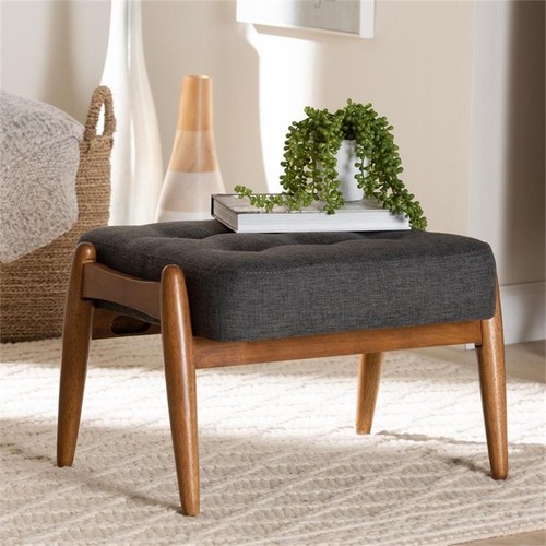 Baxton Studio Jeanine grau Stoff und walnussbraun Holz Ottomane Fußhocker - Bild 6 von 8