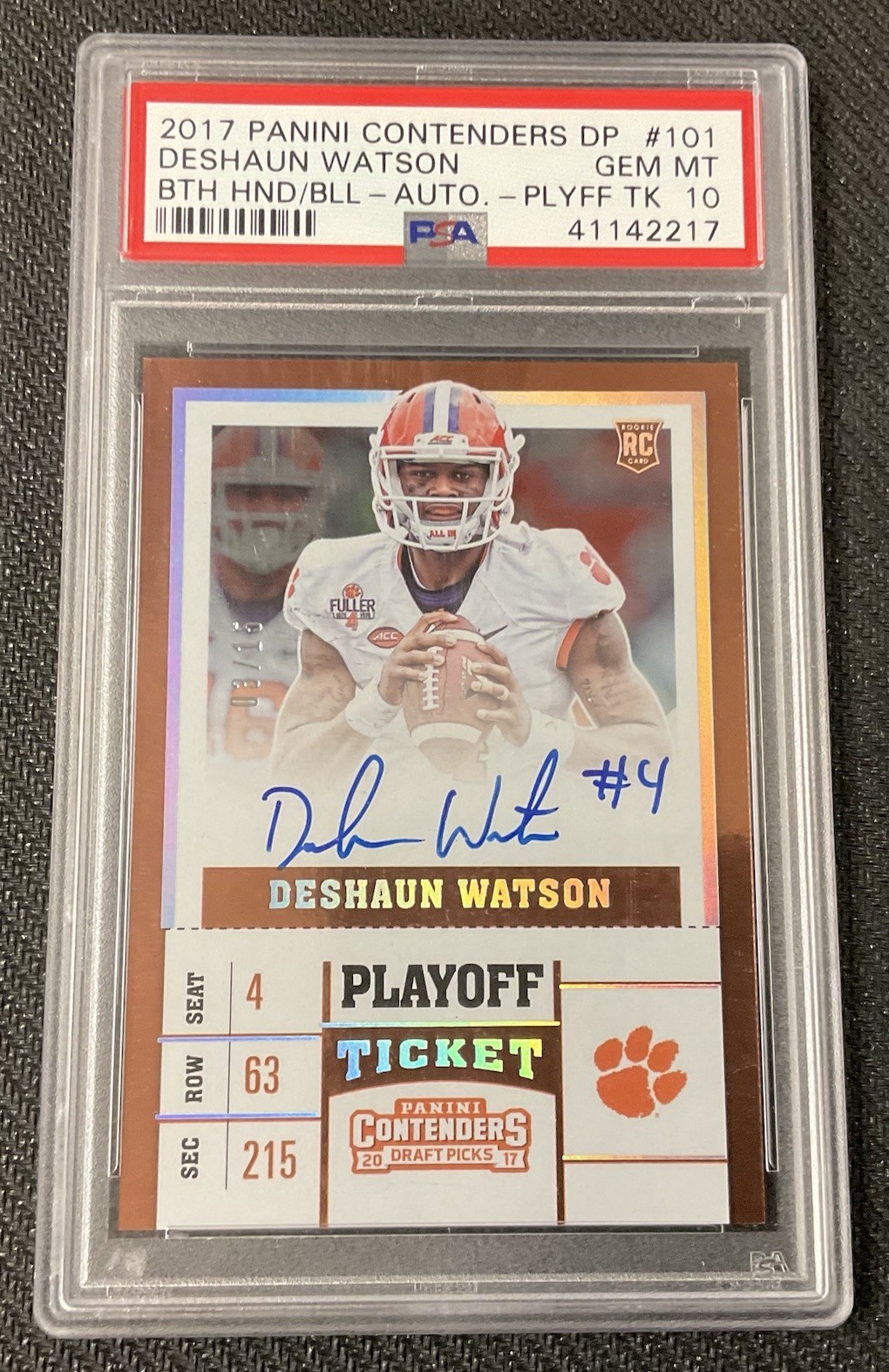 DESHAUN WATSON Playoff Ticket Rookie Auto 03/15 PSA 10  2017 Contenders Football