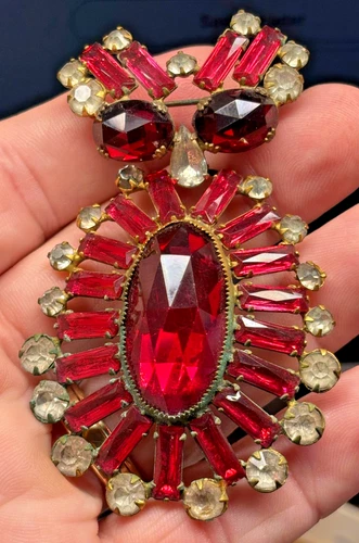 Vtg JULIANA D&E style costume jewelry 3.5" BROOCH PIN RUBY RED Rhinestone OWL ?