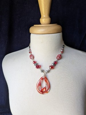 Red Art Glass Pendant AB Silver Tone Seed Lamp Bead 16'' Necklace 18'' Adjustable 