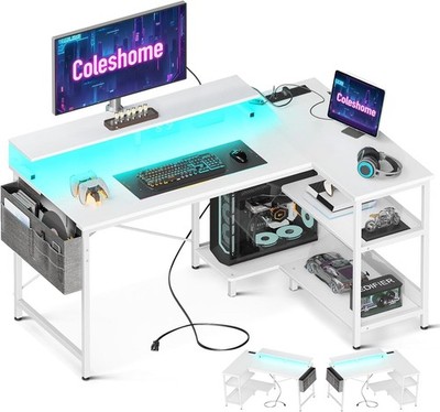 L-förmiger Gaming Schreibtisch mit LED-Beleuchtung, 120 × 80 cm Computertisch mit Steckdose