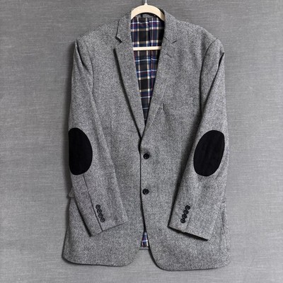 US Polo Assn Sport Coat 42L Gray Wool Blend Elbow Patches Tweed Blazer Jacket