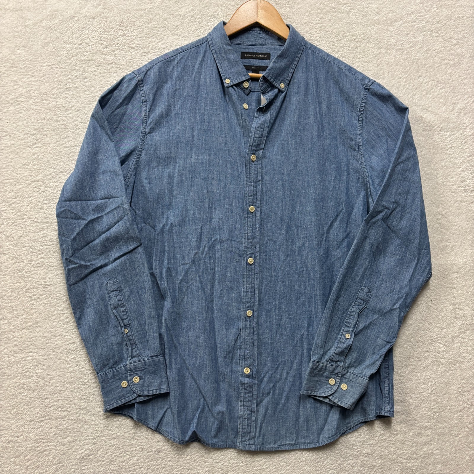 NWT Banana Republic Mens Large L Blue Chambray Cotton Slim Fit Button Down Shirt
