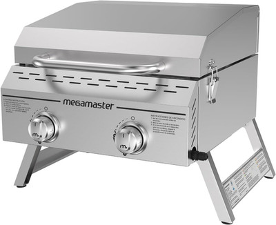 2-Burner Stainless Steel Portable Gas Grill with Built-In Lid, 16,000 Btus, Fold