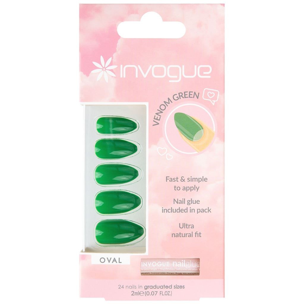Invogue Green False Nails Oval Medium Length - Venom - Image 2