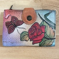 Anuschka Hand Painted Leather Butterfly And Roses Snap Wallet Bifold Coin Zip