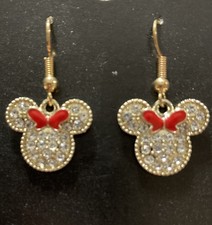 Disney Theme Minnie Mouse Red Bow Goldtone Rhinestone Pierced Earrings Dangle
