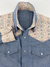 Vintage 70s Western Chambray Pearl Snap Shirt 21x29 Paisley Yoke Medium USA