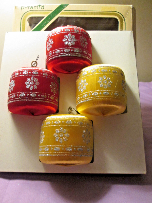 Box Of 4 Vintage Pyramid Christmas Satin Drum Ornaments Yellow & Red w/Glitter
