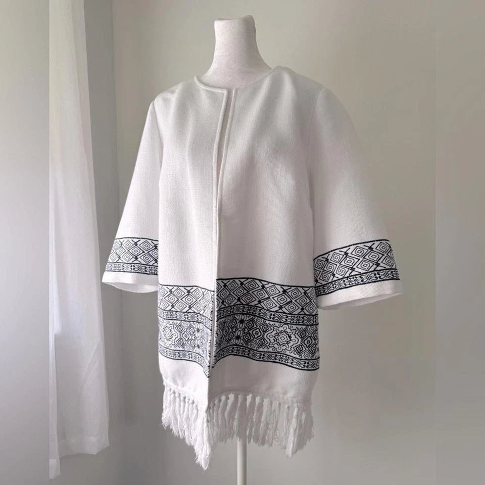 Chico’s Black & White Open Front Relaxed Fit 3/4 Sleeve Fringe Jacket - Image 3 of 4