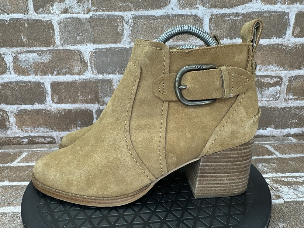 UGG Leahy Ankle Boots Stacked Block Heel Chestnut Suede Womens Size 9.5