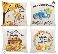 Set of 4 Fall Autumn Pumpkin Thanksgiving Truck Decor Pillow Covers 18x18 Burlap