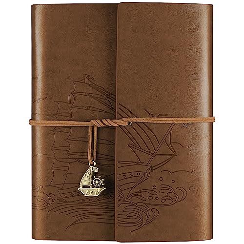 Leather Notebook Journal, Travel Journal with 2 Pockets, Vintage A5 BROWN