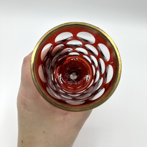Biedermeier Pokal Glas Kelch Glaskunst Antik Geschliffen Überfang Rot Punkte - Bild 6 von 14