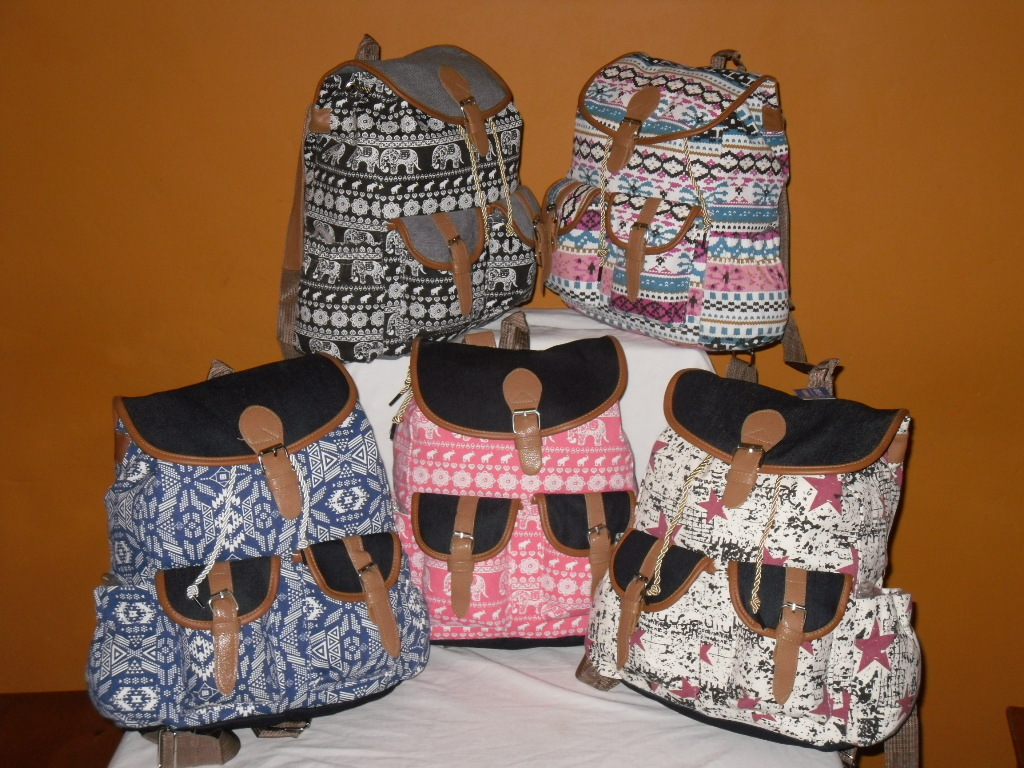 Boho Canvas Drawstring Back Pack Rucksack With Front Pockets And