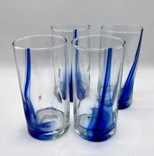 4 Libbey Crisa Tumblers Blue Ribbon Twist Swirl 16 Oz Highball Thumbprint Glass