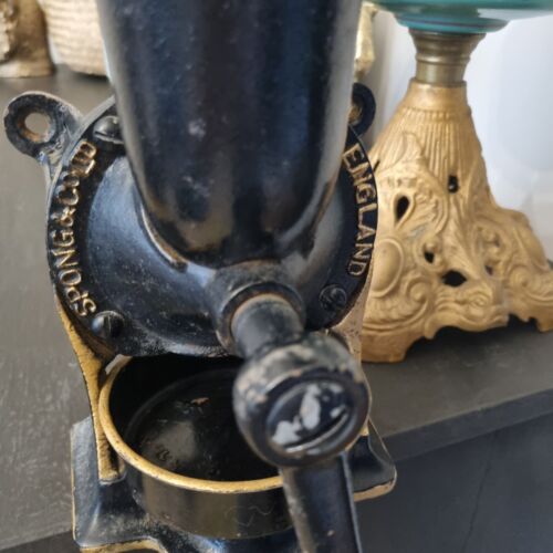 Spong Coffee Grinder Spong & Co Ltd England No.2 With Tray Red Handle Black Gold - Picture 8 of 12