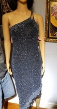  Evening Midnight blue Silk Dress Small Beaded and Sequined Spaghetti Str