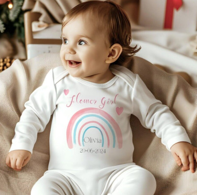 Personalisiertes Regenbogen Blumenmädchen Baby Strampler Lätzchen Set, hochwertige Kleinkind Kleidung