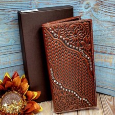 Western Wallet Rodeo Cowboy Floral Handtooled Real Leather bifold Brown Wallet