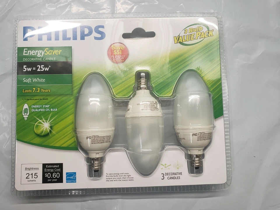 3-Pack Mini Candle 5W 120V 2700K E12 Philips  EL/mCan Decorative CFL Bulb - Image 3 of 3