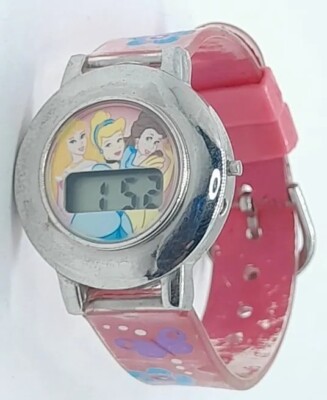 Girl Disney Princess Digital Watch Silver Case Pink Band Belle Cinderella Aurora