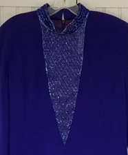 Daymor Couture Size 12 Mesh Beaded V Front Blue Formal Full Length Dress