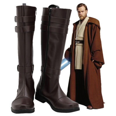Star Wars Jedi Knight Obi-Wan Kenobi Cosplay Shoes Boots Brown Mens PU 