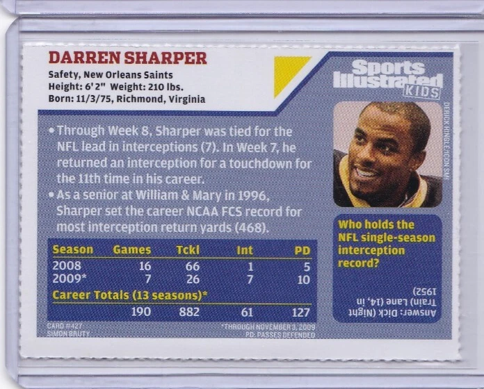 2009 Sports Illustrated for Kids Series 4 Darren Sharper #427 ID3 - Image 2 of 2