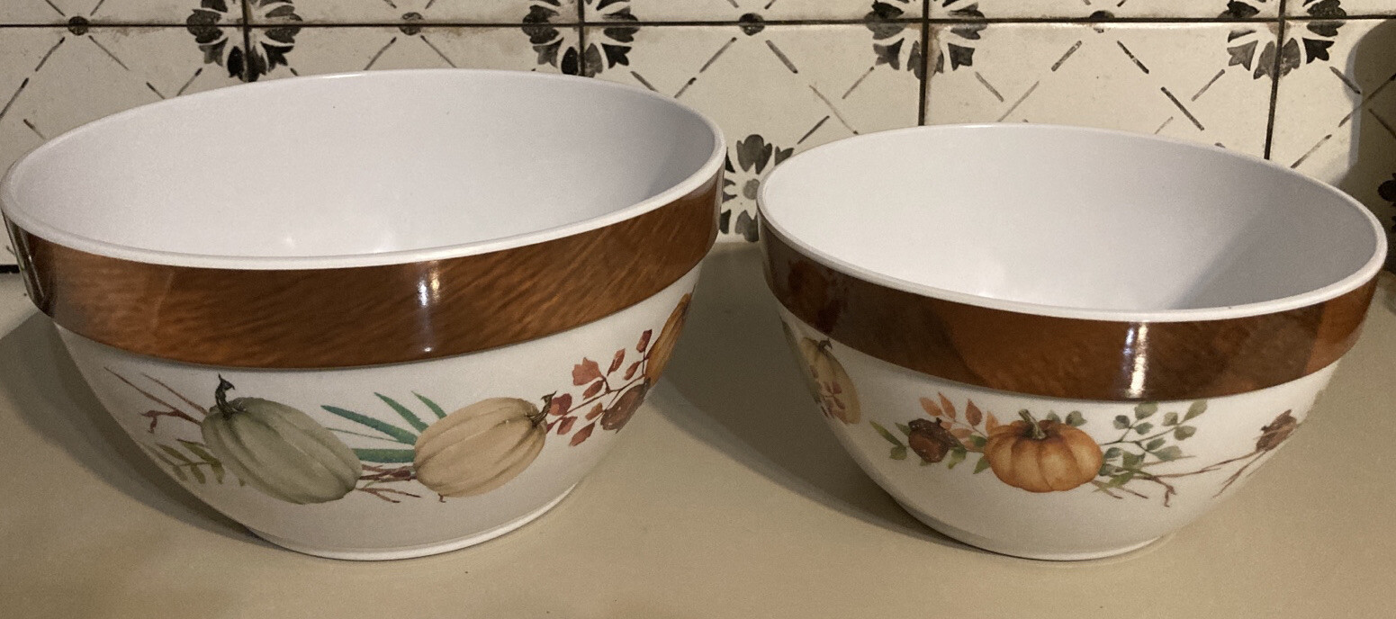 2 Pc Nesting Mixing Melamine Bowls Set- BROWN RIMS-Autumn Pumpkins EZ ...