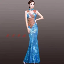Women Chinese Short Sleeves Sequin Cheongsam Wedding Evening Long Qipao Dress
