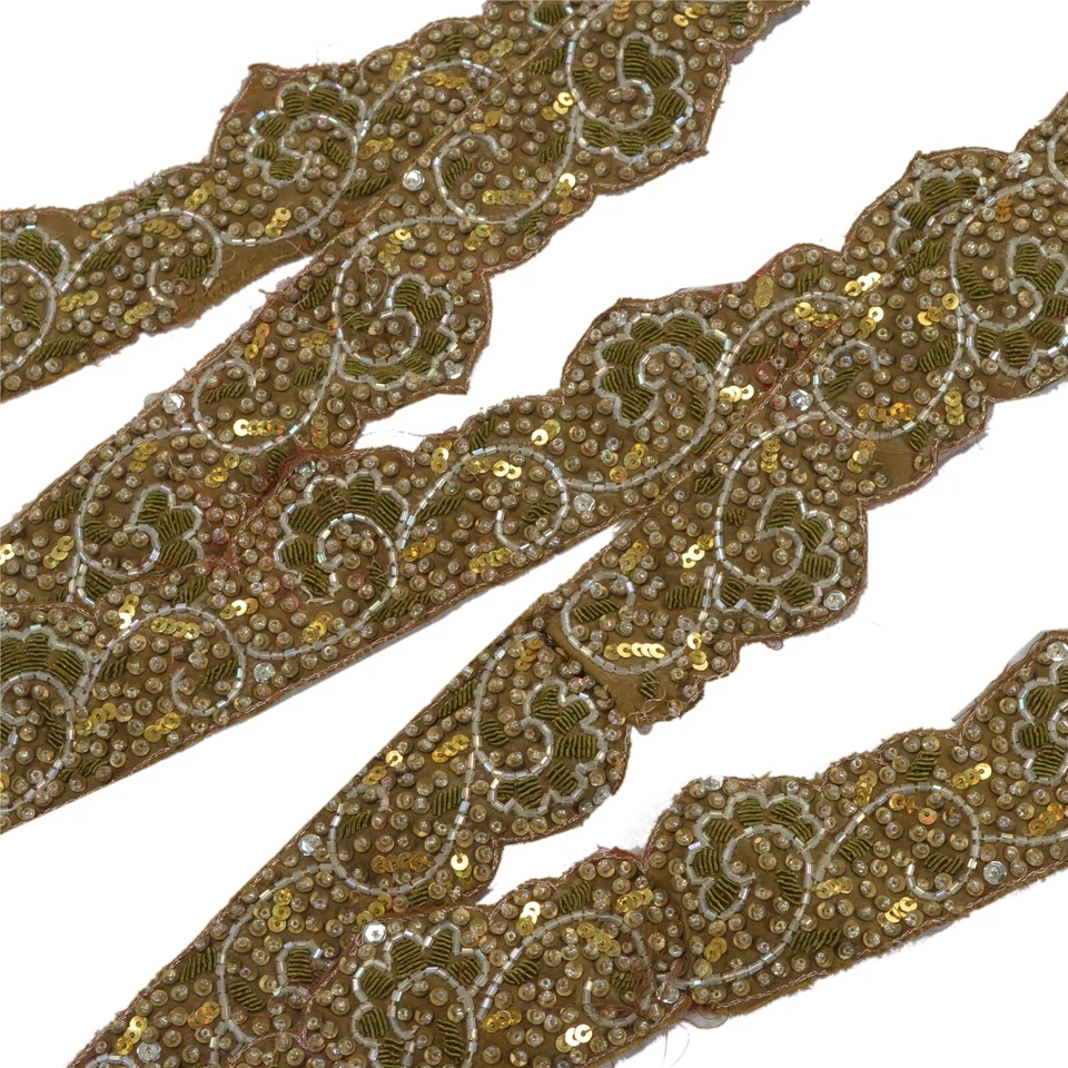 Sanskriti Vintage Sari Borde Cuentas a Mano Zari 1 Yd Adornos Lentejuelas Encaje 2'W Marrón Foto 2 de 4