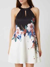 TED BAKER Black White Floral Print Tildda Scuba Neoprene Skater Dress 4 = 10 US