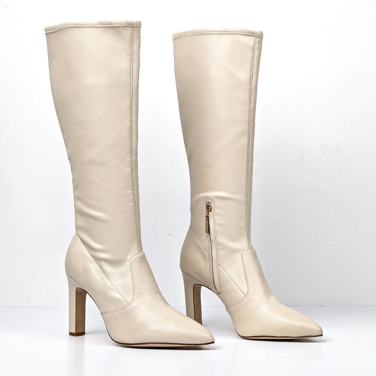 Larroude Women Christy Iced Ivory Faux Leather Pointy Toe Block Knee Boots  sz 10