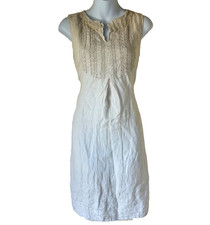 CARLA CONTI Womens Size L Cream Beige 100% Linen Embroidered Boho Dress Italy