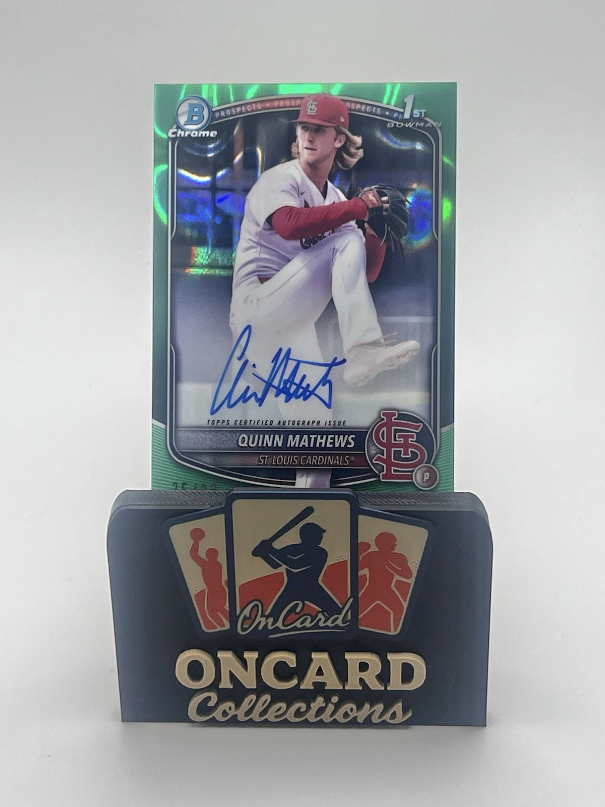2025 Bowman Chrome Quinn Mathews 1st Auto Green Lava Refractor /99 Cardinals RC