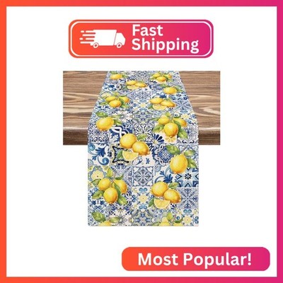 JarThenaAMCS Lemon Tiles Table Runner Capri Blue Yellow Kitchen Dining Table Dec