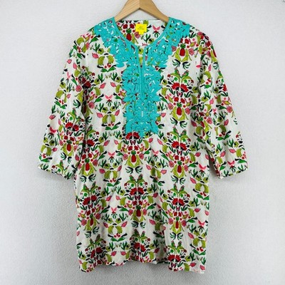 ROBERTA ROLLER RABBIT Tunic M Vida Inez Cover Up Floral Bird V-Neck Cotton Green