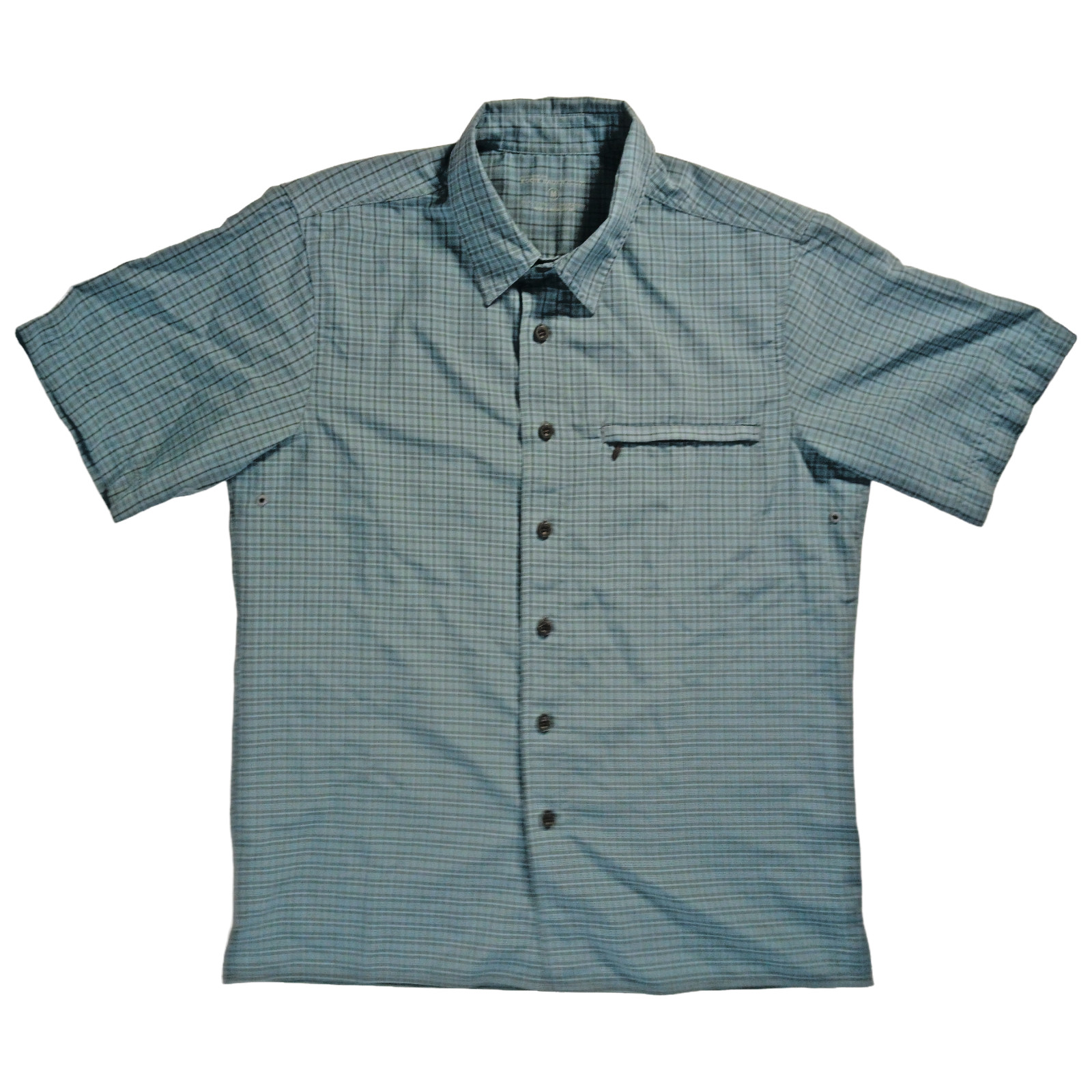 Eddie Bauer Sport Shirt Mens M Teal Plaid Short Sleeve Vented Zip Front Pocket