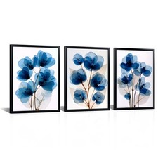 Bathroom Wall Art Blue Floral Canvas Print Flowers Home Decor 12" x 16" x3pcs