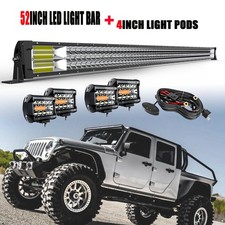 52" LED Light Bar Tri Row Combo Kit Offroad Driving 4WD 4x 4" Cube Pods Wiring