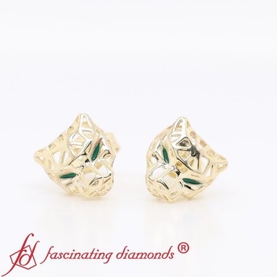 14K Gelbgold Vintage Panther Ohrringe Grün Emaille Akzent Unisex Schmuck