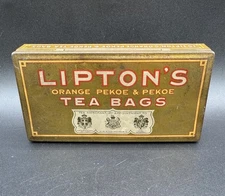 Vintage Lipton Orange Pekoe & Pekoe Tea Bags Empty Metal Tin Hinged Lid Box