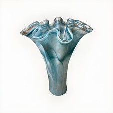 Murano Ruffle Top Light Blue Gold Glass Vase 16" H X 11"W X 11.5"D SEE PHOTOS