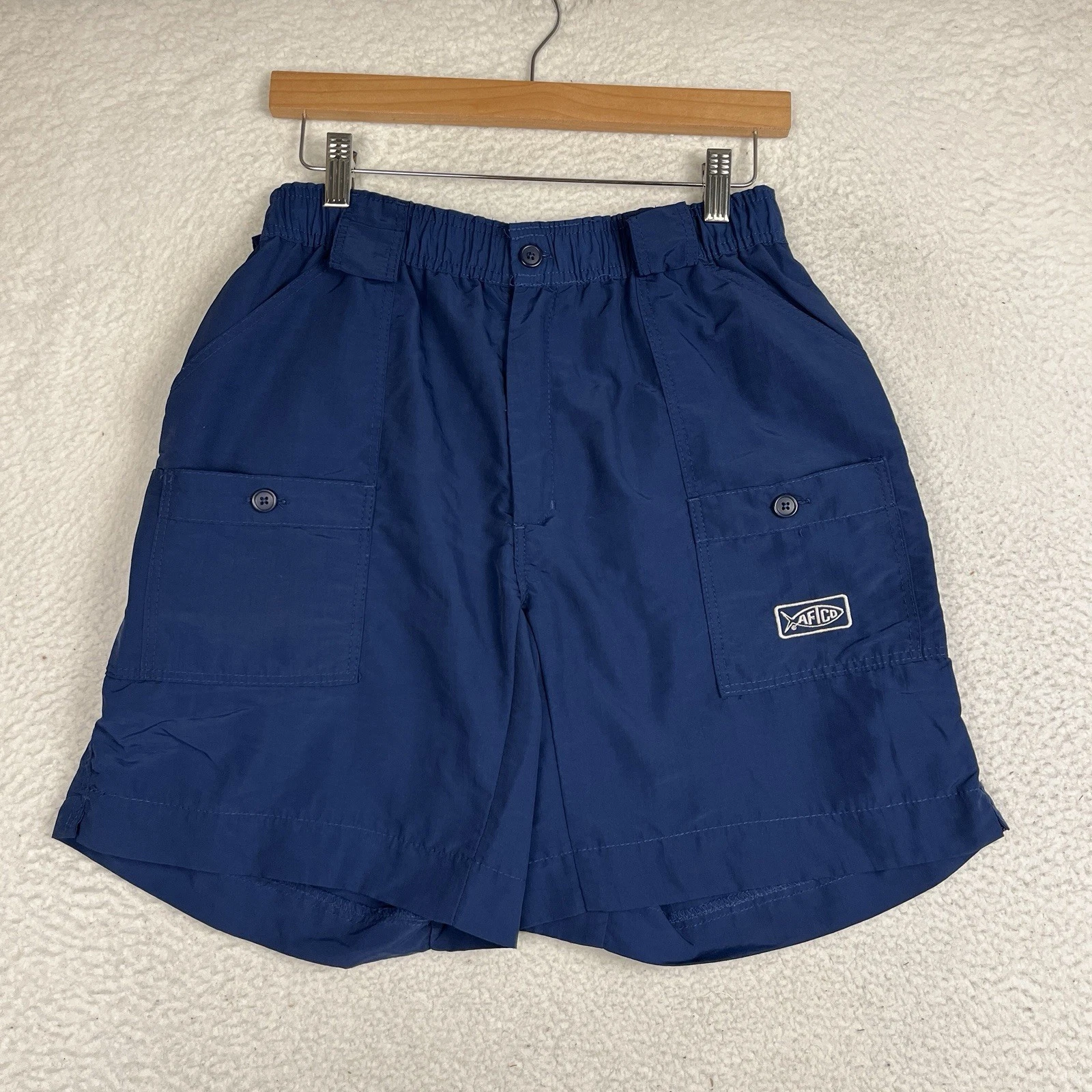 AFTCO Original Fishing Shorts 8" Inseam Size 32 Navy Blue Elastic Cargo Pockets