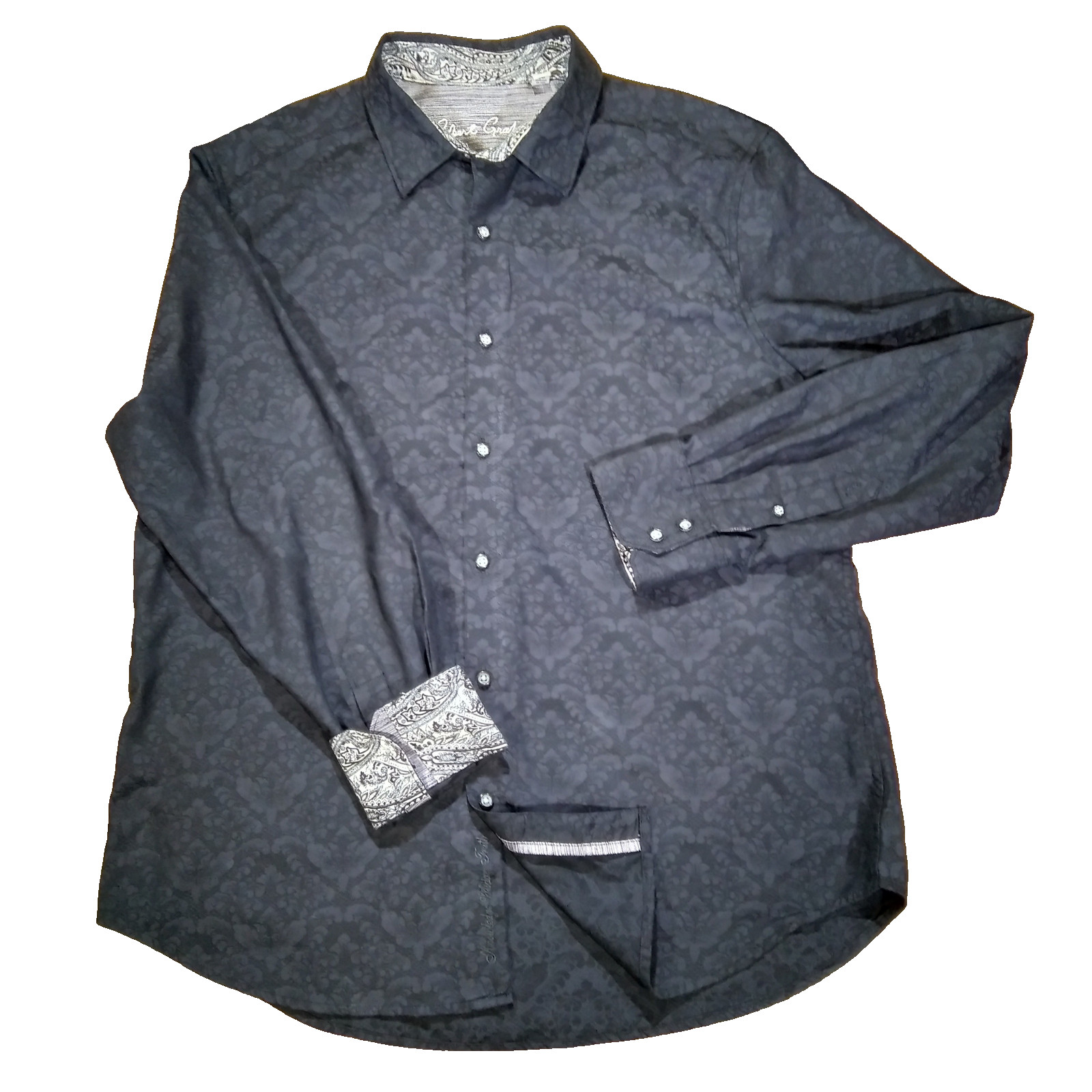 Robert Graham Shirt Black Button Down Flower Print with White Flip Cuff Size XL
