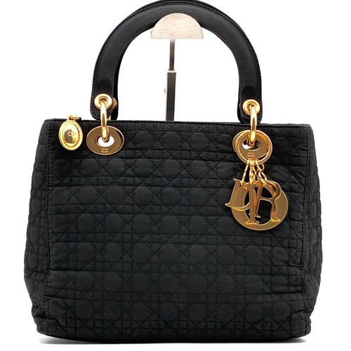 Christian Dior Lady Dior Nylon Canvas Handbag Black Gold From Japan