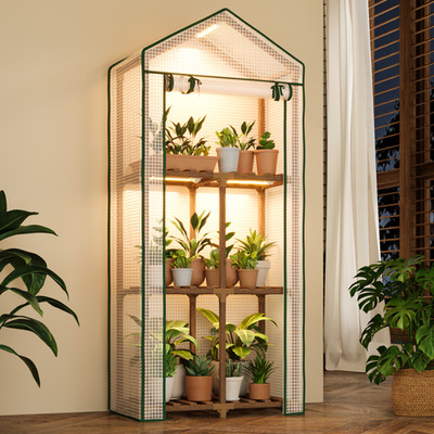 Bamworld Mini Greenhouse with Grow Light Plant Stand 3-Tiered Warm House with PE